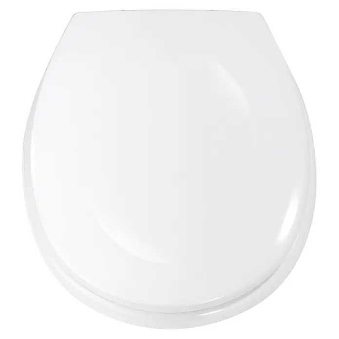 Camargue Sydney WC-Sitz - Duroplast, Weiß, Mit Absenkautomatik, Form WC-Sitz: O-Form - Nahaufnahme eines weißen Toilettensitzes mit glatter Oberfläche und abgerundeten Kanten auf schwarzem Hintergrund.