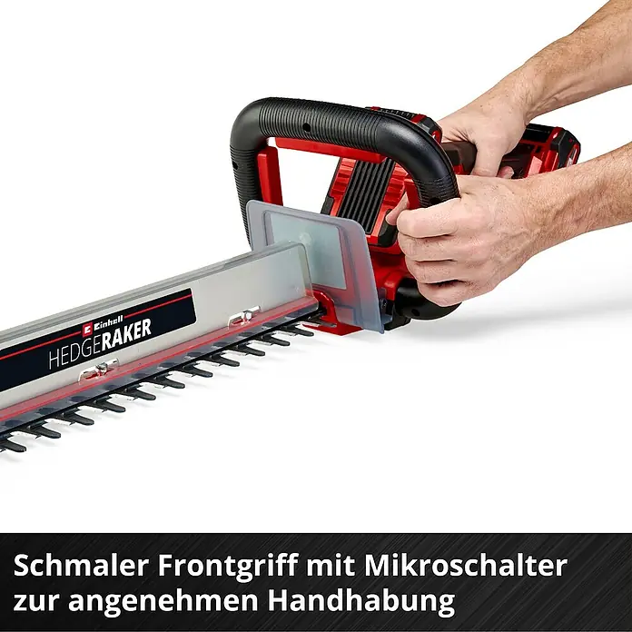 Einhell Power X-Change 18V Akku-Heckenschere GE-CH 36/61 - 18 V, Li-Ionen, Ohne Akku, Schnittlänge: 61 cm - Die Einhell Heckenschere HEDGE RAKER wird von einer Person bedient, die den schmalen Frontgriff mit Mikroschalter nutzt.