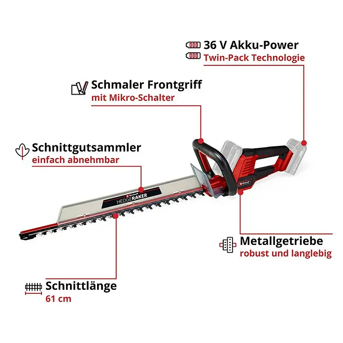 Einhell Power X-Change 18V Akku-Heckenschere GE-CH 36/61 - 18 V, Li-Ionen, Ohne Akku, Schnittlänge: 61 cm - Abbildung einer Einhell Akku-Heckenschere mit Schnittgutsammler, schmalem Frontgriff und 36 V Akku-Power für kraftvolles und komfortables Heckenschneiden.