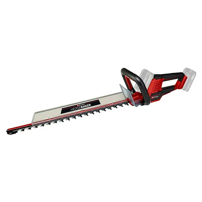 Einhell Power X-Change 18V Akku-Heckenschere GE-CH 36/61 - 18 V, Li-Ionen, Ohne Akku, Schnittlänge: 61 cm - Das Bild zeigt eine Einhell Akku-Heckenschere mit langem Schwert und rotem Gehäuse, ideal für den Garteneinsatz.