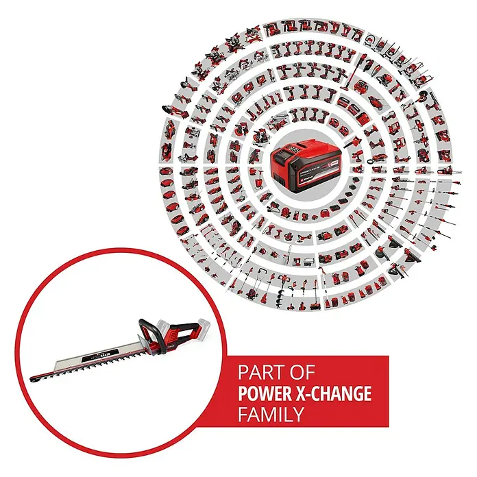Einhell Power X-Change 18V Akku-Heckenschere GE-CH 36/61 - 18 V, Li-Ionen, Ohne Akku, Schnittlänge: 61 cm - Abbildung einer Einhell Heckenschere, Teil der Power X-Change Familie, mit Akkupack und weiteren Werkzeugen im Hintergrund.