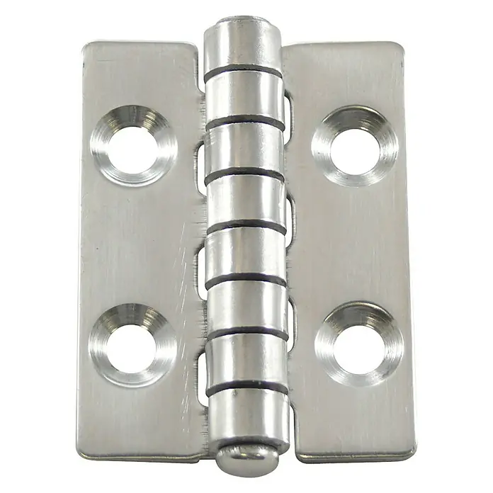 Marinetech Scharnier - L x B: 30 x 40 mm, Edelstahl, Stahlsorte: A2 - Ein glänzendes, silbernes Türband aus Edelstahl mit vier Löchern zur Befestigung, ideal für Möbel oder Schranktüren.