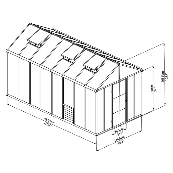 Palram – Canopia Gewächshaus Glory 8x16 - Außenmaß inkl. Dachüberstand (B x T): 244,5 x 484 cm, 10 mm, Anthrazit - Abbildung eines Gewächshauses mit Maßangaben für Länge, Breite und Höhe in Zentimetern und Zoll.
