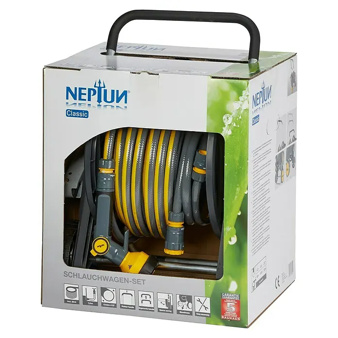 Neptun Classic Schlauchwagen-Set Discover - Kunststoff, Schlauchlänge: 20 m - Die Verpackung eines Neptun Classic Schlauchwagensets mit Gartenschlauch, Sprühpistole und Zubehör, ideal für die Gartenbewässerung.