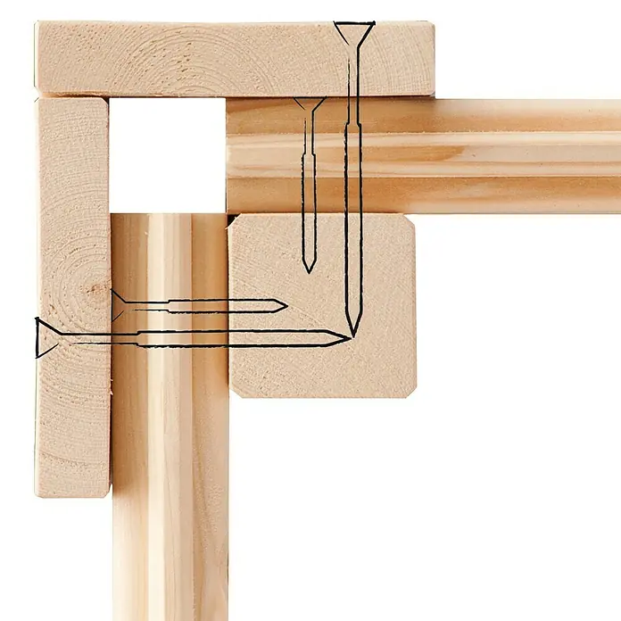 Karibu Gartenhaus Tintrup - Holz, Terragrau, Weiß - Nahaufnahme einer hölzernen Eckverbindung, die mit Nägeln befestigt ist und die Handwerkskunst und die Detailgenauigkeit hervorhebt.
