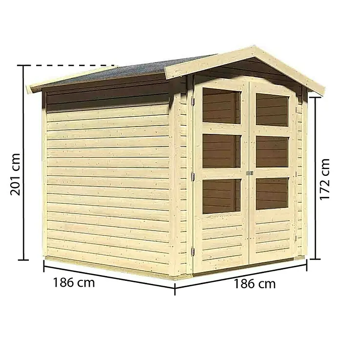 Karibu Gartenhaus Amberg - Außenmaß inkl. Dachüberstand (B x T): 213 x 197 cm, Holz, Natur - Abbildung eines Gartenhauses mit Abmessungen. Die Höhe beträgt 201 cm, die Breite 186 cm und die Tiefe 172 cm.
