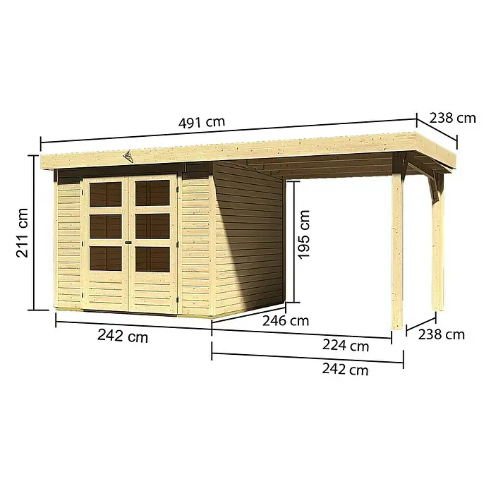 Karibu Gartenhaus Askola - Außenmaß inkl. Dachüberstand (B x T): 491 x 262 cm, Holz, Natur, Mit Anbaudach - Ansicht eines Holzschuppens mit Carport und den zugehörigen Abmessungen.