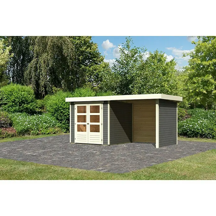 Karibu Gartenhaus Askola 2 - Außenmaß inkl. Dachüberstand (B x T): 467 x 238 cm, Holz, Terragrau, Mit Anbaudach, Seiten- und Rückwand - Außenansicht eines modernen Gerätehauses mit Doppeltür und offenem Anbau, ideal für Gartenwerkzeug und mehr.
