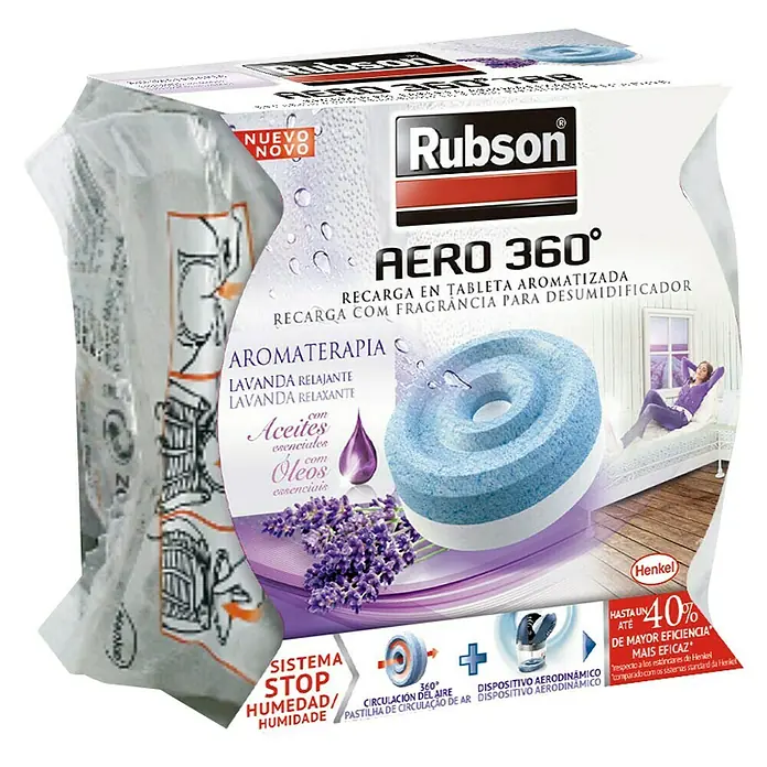 Rubson Tableta para el deshumidificador Aero 360º lavanda - 450 g - Imagen de una recarga para deshumidificador Rubson AERO 360° con aroma de lavanda, que promete aromaterapia y hasta un 40% más de eficiencia.