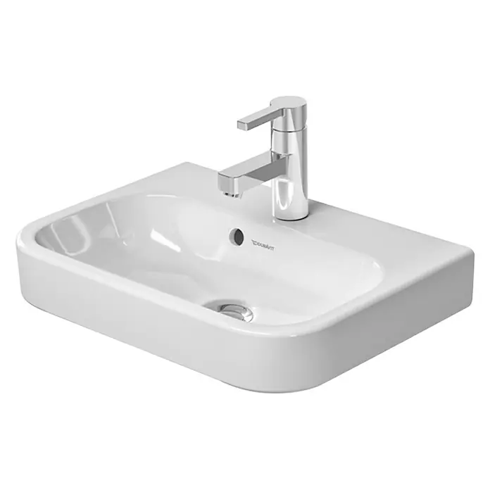 Duravit Happy D.2 Waschbecken - 50 x 36 cm, Mit schmutzabweisender Glasur, Hahnloch: Mitte, Mit Überlauf, Weiß, Waschbecken geeignet für: Möbel - Das Bild zeigt ein modernes, weißes Aufsatzwaschbecken mit einer Armatur. Es ist ein stilvolles Badezimmeraccessoire.