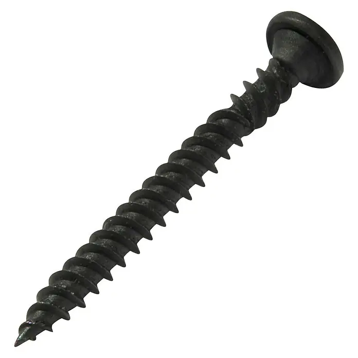 Knauf Diamantschraube XTN - Durchmesser: 3,9 mm, Länge: 38 mm, 250 Stk. - Nahaufnahme einer schwarzen Trockenbauschraube mit einem flachen Kopf und scharfen Gewindegängen, die sich ideal für Bau- und Reparaturarbeiten eignet.