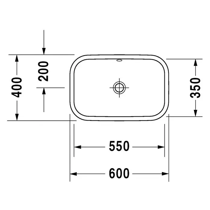 Duravit Happy D.2 Aufsatzwaschbecken - 60 x 40 cm, Mit schmutzabweisender Glasur, Hahnloch: Ohne, Mit Überlauf, Weiß - Technische Zeichnung eines rechteckigen Aufsatzwaschbeckens mit abgerundeten Ecken und Maßangaben in Millimetern.