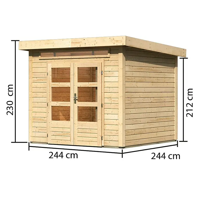 Karibu Gartenhaus Kandern 3 - Außenmaß inkl. Dachüberstand (B x T): 276 x 273 cm, Holz, Natur - Abbildung eines Holzgartenhauses mit den Maßen 244 x 244 x 230 cm, das eine praktische und stilvolle Lösung für die Gartenaufbewahrung bietet.