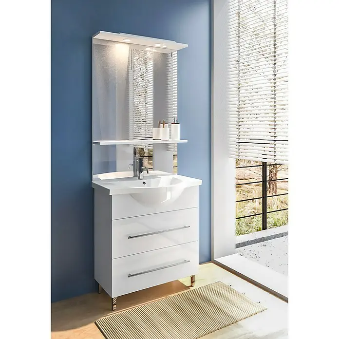 Riva Badmöbel-Set Volo 2.0 - Gesamtbreite Badmöbel: 80 cm, Weiß, Glänzend - Weißer Waschtischunterschrank mit Spiegel und Schubladen für das Badezimmer. Der stilvolle Unterschrank bietet praktischen Stauraum.
