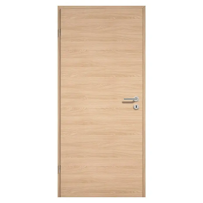 GetaDoor Lamineo Zimmertür GLN 42 - 860 x 1.985 mm, DIN Anschlag: Links, Eiche Trend, Röhrenspan - Eine moderne Innentür aus hellem Holz mit einem schlichten, horizontalen Maserungsmuster und einem silberfarbenen Türgriff.