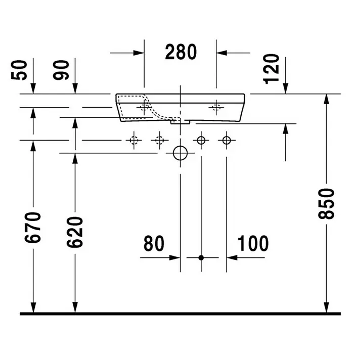 Duravit DuraStyle Waschbecken - 50 x 22 cm, Ohne Spezialglasur, Hahnloch: Rechts, Ohne Überlauf, Weiß - Waschbecken-Montageplan mit Maßangaben für die Installation. Technische Zeichnung mit allen relevanten Maßen in Millimetern.