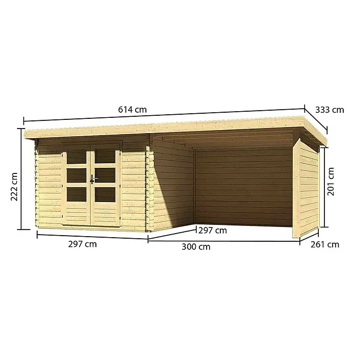Karibu Gartenhaus Bastrup 5 - Außenmaß inkl. Dachüberstand (B x T): 614 x 333 cm, Holz, Natur, Mit Seitendach, Rück- und Seitenwand - Ansicht eines Holzschuppens mit den Massen 222 cm Höhe, 614 cm Länge, 297 cm und 300 cm Tiefe.