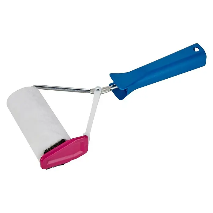 Profi Depot by Storch-Ciret Farbroller - Breite Walze: 10 cm, Bügelstärke: 6 mm, Florhöhe: 12 mm - Ein Mini-Farbroller mit blauem Griff, weißer Rolle und pinkfarbenem Akzent. Ideal für präzise Malerarbeiten.