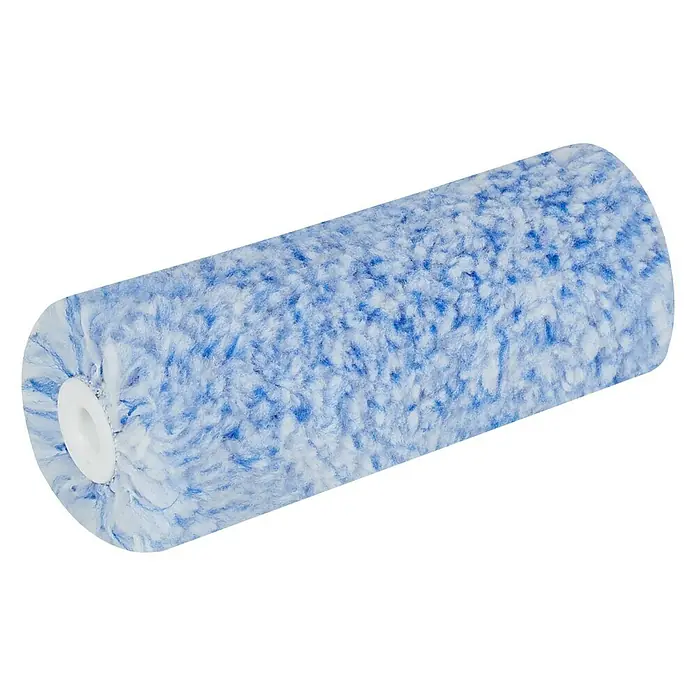 Profi Depot by Storch-Ciret Farbwalze K17 - 5 Stk., Breite Walze: 10 cm, Bügelstärke: 6 mm, Blau meliert - Nahaufnahme einer Farbwalze, die mit blau-weiß gemustertem Stoff überzogen ist, perfekt für gleichmäßigen Farbauftrag.