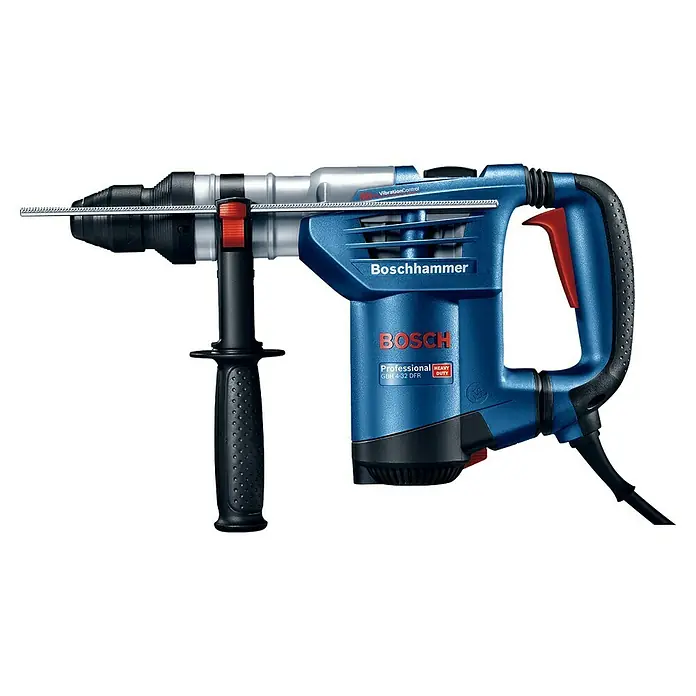 Bosch Professional Kombihammer GBH 4-32 DFR - 900 W, 4,2 J, SDS-Plus-Aufnahme - Boschhammer: Eine robuste Bohrmaschine mit blauem Gehäuse, einem Zusatzhandgriff und einem Bohrer, ideal für schwere Arbeiten.