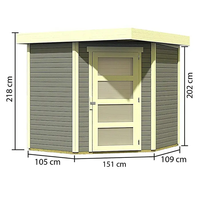 Karibu Gartenhaus Schwandorf 3 - Außenmaß inkl. Dachüberstand (B x T): 242 x 238 cm, Holz, Terragrau, Weiß - Abbildung eines Gartenhauses aus Holz mit Größenangaben. Das Gartenhaus hat eine Tür und ein Flachdach.