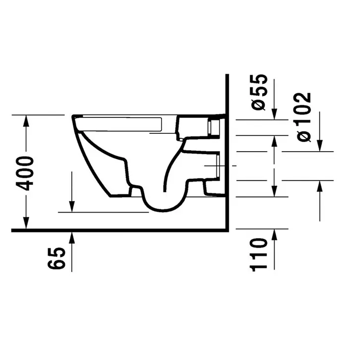 Duravit Happy D.2 Wand-WC Typ 1 - Spülrandlos, Ohne Spezialglasur, Spülform: Tief, WC Abgang: Waagerecht, Weiß - Technische Zeichnung einer wandhängenden Toilette mit Maßangaben, die die Installation und Größe des Produkts verdeutlichen.