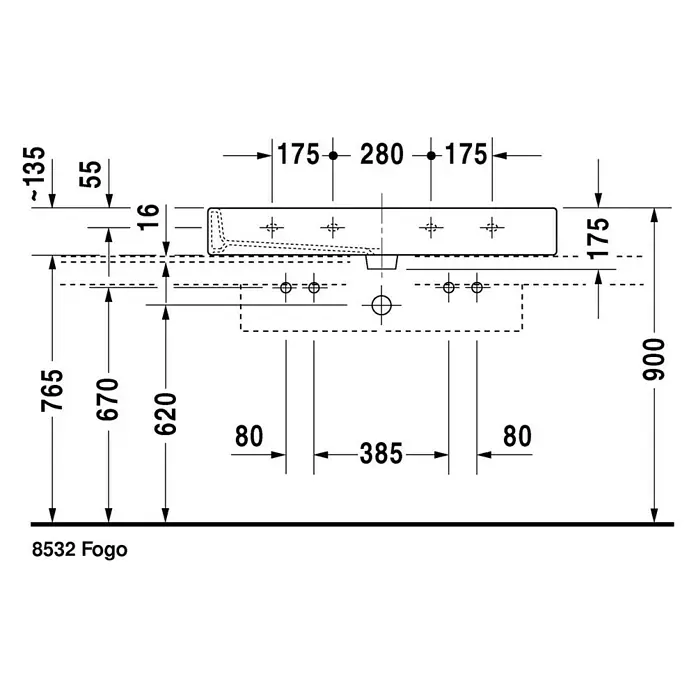 Duravit Vero Doppelwaschtisch - 100 x 47 cm, Ohne Spezialglasur, Hahnloch: Mitte, Mit Überlauf, Weiß, Geschliffen - Technische Zeichnung des Waschtischs 8532 Fogo mit Bemaßungen für Installation und Planung, inklusive Höhe, Breite und Anordnung der Anschlüsse.