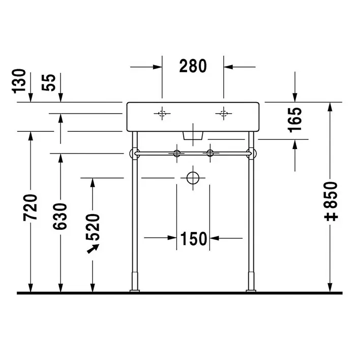 Duravit Vero Waschtisch - 60 x 47 cm, Ohne Spezialglasur, Hahnloch: Mitte, Mit Überlauf, Weiß, Ungeschliffen - Schemazeichnung eines Waschtischs mit Maßangaben, die die Abmessungen und das Design des Produkts hervorheben.