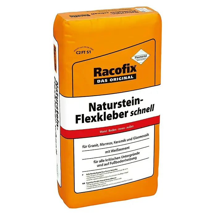 Racofix Flexkleber - 23 kg - Abbildung eines Sacks Racofix Naturstein-Flexkleber schnell, einem Mörtel für Natursteine, ideal für Wand-, Boden-, Innen- und Außenbereiche.
