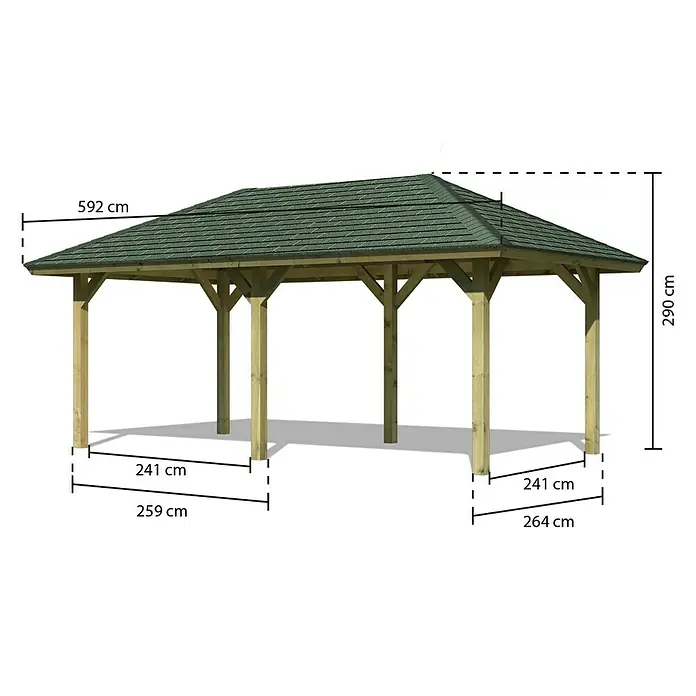 Karibu Pavillon Bergen 2 - 592 x 338 cm, Grün, Natur - Produktansicht des Holzpavillons mit Maßangaben, die die Größe und Abmessungen des Gartenaccessoires hervorheben.