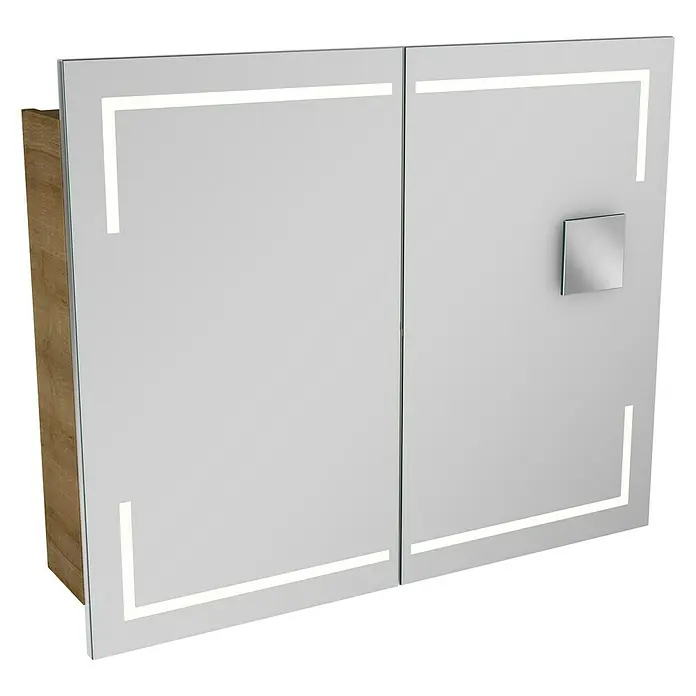 Camargue Stella LED-SpiegelschrankB x H: 90 x 73,7 cm, Holz, Berg Eiche, Mit Beleuchtung, Kantenausführung Tür: Eckig - Spiegelschrank mit integrierter LED-Beleuchtung, ideal für moderne Badezimmer. Praktische Aufbewahrung und stilvolles Design vereint.