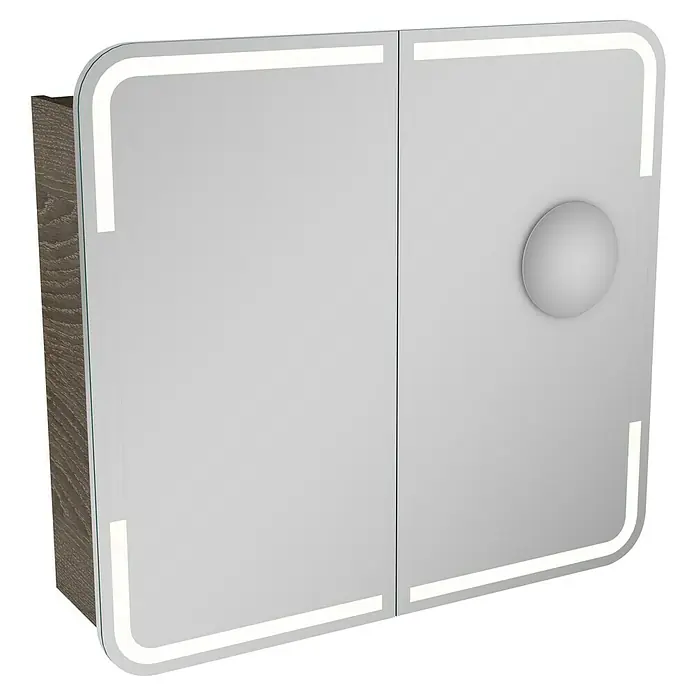 Camargue Stella LED-Spiegelschrank - B x H: 80 x 73,7 cm, Holz, Eiche Maron, Mit Beleuchtung, Kantenausführung Tür: Abgerundet - Ein moderner Spiegelschrank mit LED-Beleuchtung und Holzrahmen, ideal für jedes Badezimmer.