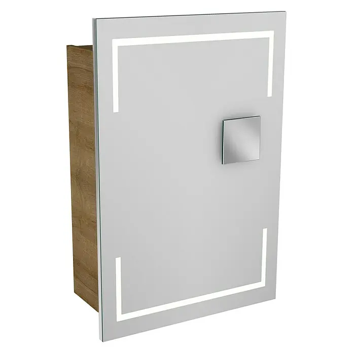 Camargue Stella LED-Spiegelschrank - B x H: 51 x 73,7 cm, Holz, Berg Eiche, DIN Anschlag: Rechts, Kantenausführung Tür: Eckig - Spiegelschrank mit integrierter Beleuchtung und quadratischem Griff. Das Holzgehäuse bietet zusätzlichen Stauraum im Badezimmer.