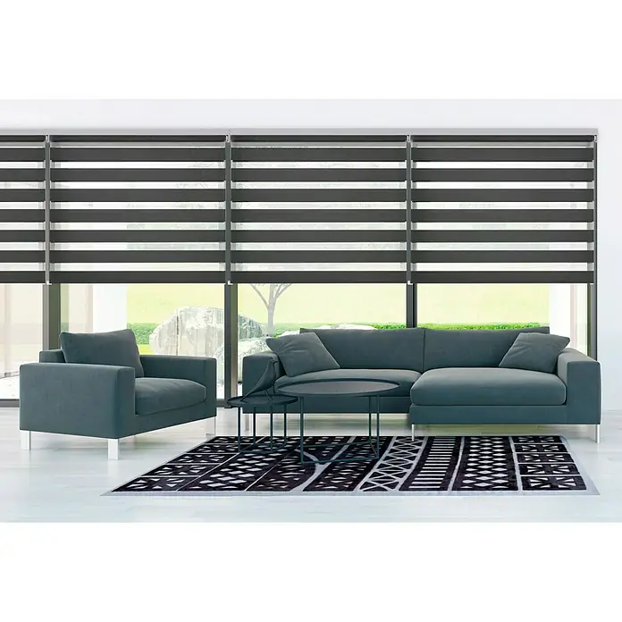 Estor noche y día Duolux - An x Al: 80 x 180 cm, Grafito - Salón con sofá moderno y sillones en gris, complementado con una alfombra elegante y persianas para un aspecto contemporáneo.