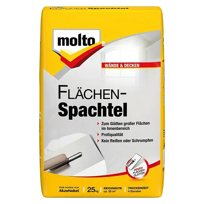 Molto Flächenspachtel - 25 kg - Ein Sack Molto Flächenspachtel. Zum Glätten von Wänden und Decken, für den Innenbereich. 25 kg. Trockenzeit: 4 Stunden.