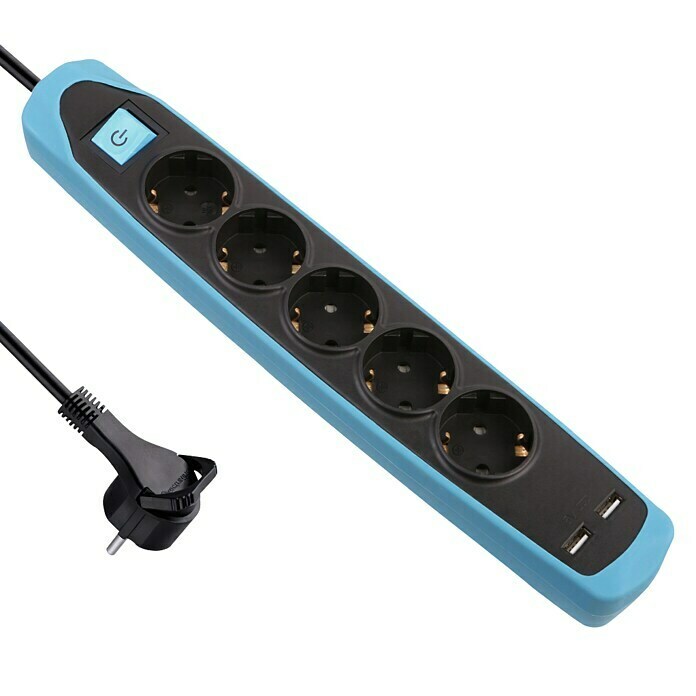 Electraline Base de enchufe múltiple con USB Gummy (5, Negro/Azul, Longitud del cable: 2 m)