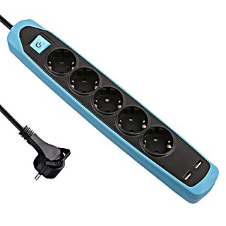 Electraline Base de enchufe múltiple con USB Gummy (Número de enchufes Schuko: 5 ud., Negro/Azul, Longitud del cable: 2 m)
