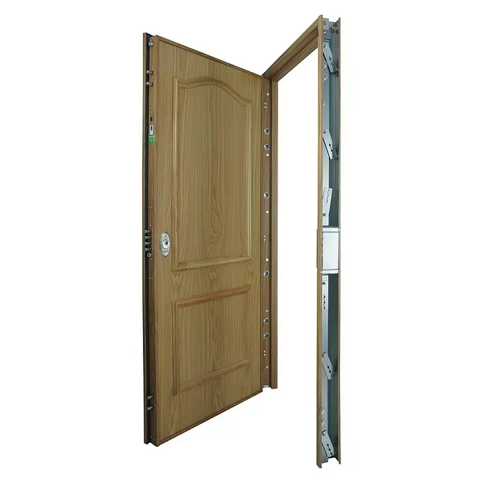 SegureStil Puerta de entrada interior S105 Serie V - 90 x 206 cm, Derecha, Roble claro, Acorazada - Puerta de madera abierta con refuerzos de seguridad y marco metálico. Proporciona protección mejorada con diseño elegante.