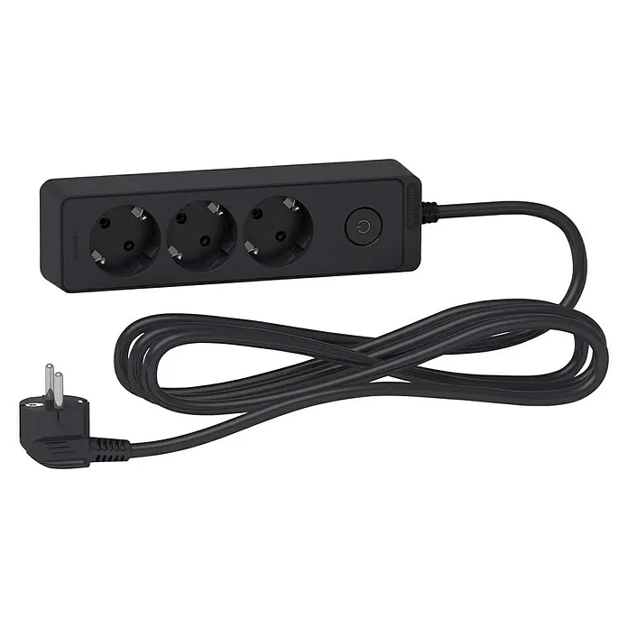 Schneider Electric Base de enchufe múltiple - Antracita, Longitud del cable: 3 m, Con interruptor, 3 ud. - Regleta negra con tres enchufes, un interruptor y un cable negro con enchufe.