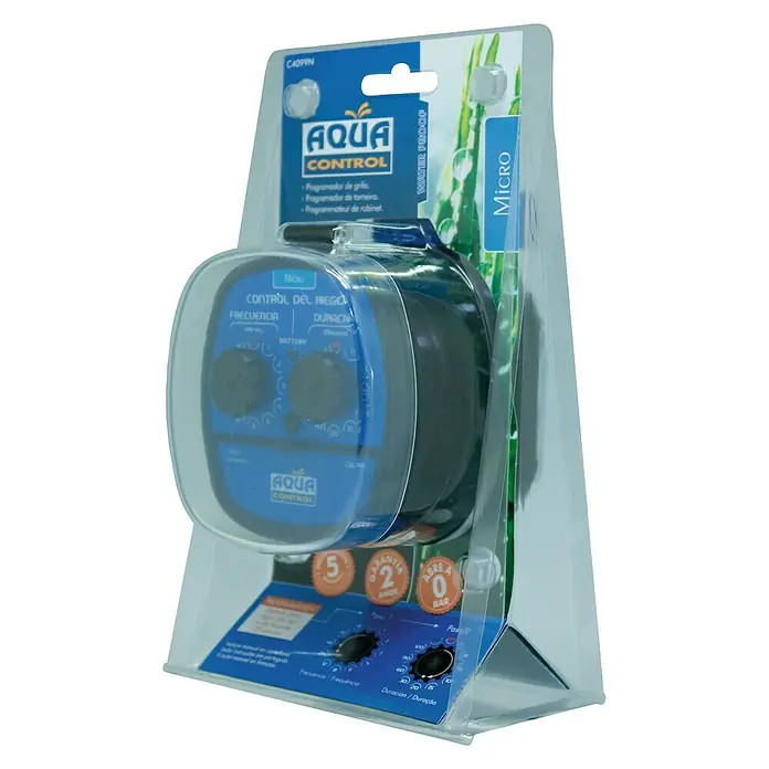 Altadex Programador de riego Aquacontrol Micro - Tiempo de riego: 1 min - 2 h - Primer plano de un dispositivo de riego Aqua Control Micro en un embalaje transparente, que muestra sus características principales.