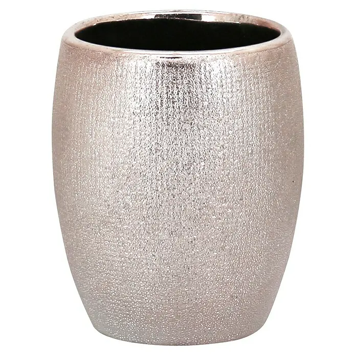 Camargue Kaya Zahnputzbecher - Steingut, Rose/Gold - Nahaufnahme eines eleganten, silberfarbenen Zahnputzbecher mit strukturierter Oberfläche und schwarzem Innenraum, perfekt für das moderne Badezimmer.