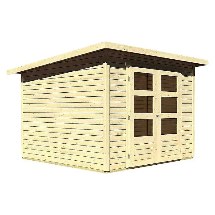 Karibu Gartenhaus Stockach 4 - Außenmaß inkl. Dachüberstand (B x T): 282 x 282 cm, Holz, Natur - Ein modernes Gartenhaus mit Doppeltür und Flachdach bietet zusätzlichen Stauraum und fügt sich stilvoll in jeden Garten ein.