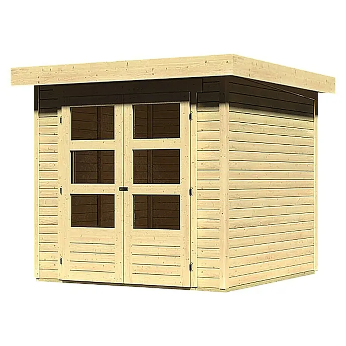Karibu Gartenhaus Askola - Außenmaß inkl. Dachüberstand (B x T): 242 x 238 cm, Holz, Natur - Holzgartenhaus mit Doppeltür und Fenstern. Das Gartenhaus bietet viel Stauraum für Gartengeräte und Möbel.