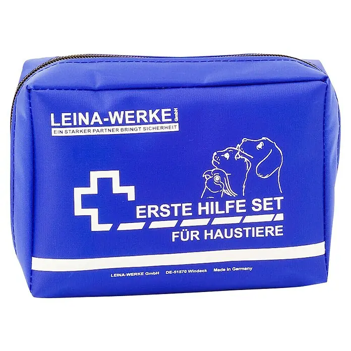 Leina-Werke Erste-Hilfe-Set Für Haustiere - 45 x 100 x 140 mm - Blaue LEINA-WERKE Erste-Hilfe-Tasche für Haustiere mit Reißverschluss, weißem Kreuz, Hund-, Katze- und Vogelbild und weißer Aufschrift.