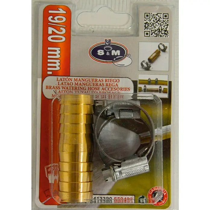Manguito de unión latón - Latón, Apto para: Riego en línea - Imagen de un conector de manguera de latón con abrazadera, parte de un conjunto de riego, adecuado para mangueras de 19/20 mm.