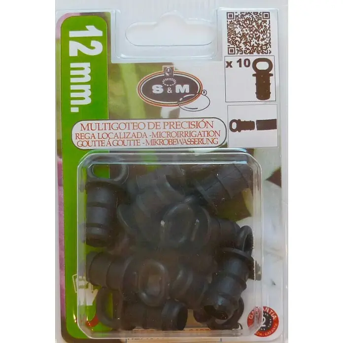 Tapón final Goteo - 12 mm, 10 ud. - Envase con 10 tapones de microirrigación de precisión negros de 12 mm de S&M para riego de jardín dirigido.