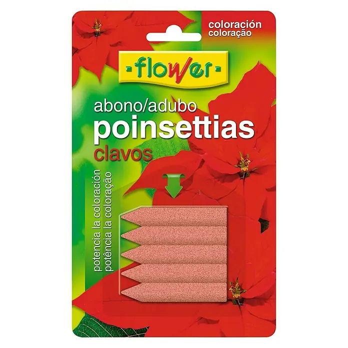 Flower Abono Poinsettias - 5 ud. - Imagen de un paquete de barritas fertilizantes Flower para poinsettias, que mejoran el color de la floración y apoyan el desarrollo saludable de la planta.