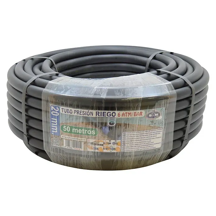 Tubo PE presión riego - Ø x L: 20 mm x 50 m, Polietileno - Manguera de presión negra enrollada de 20 mm "TUBO PRESIÓN RIEGO" de 50 metros y resistencia a la presión de 6 bar.