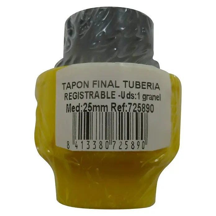 Tapón final tuberías polietileno - Diámetro: 25 mm, Polietileno - Primer plano de un tapón de extremo de tubo amarillo envuelto con una etiqueta que muestra los detalles del producto y un código de barras.