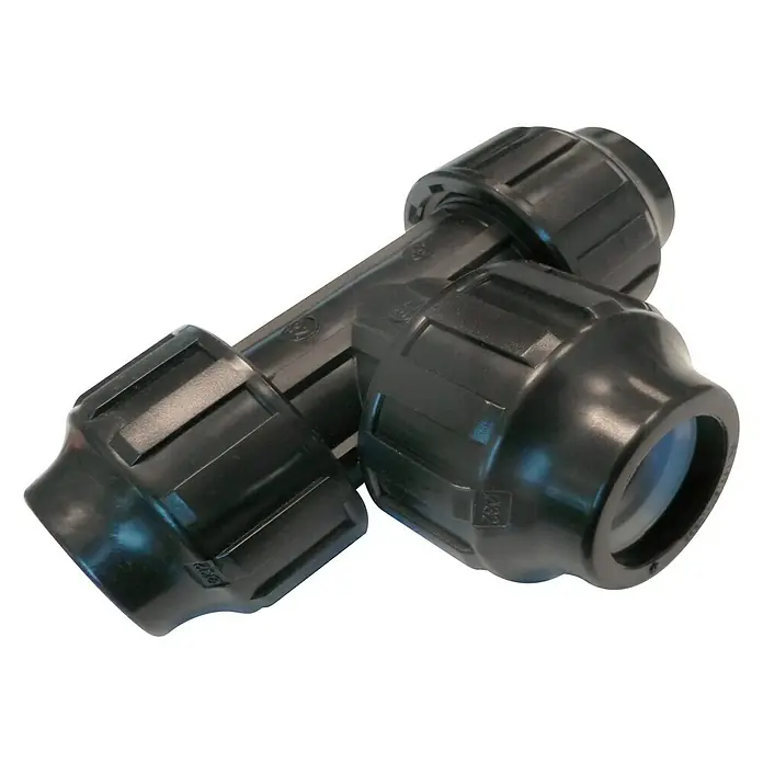 Te PE - 32 mm, Polietileno - T negra de plástico para tuberías, ideal para sistemas de fontanería e irrigación. Diseño robusto que garantiza conexiones fiables.
